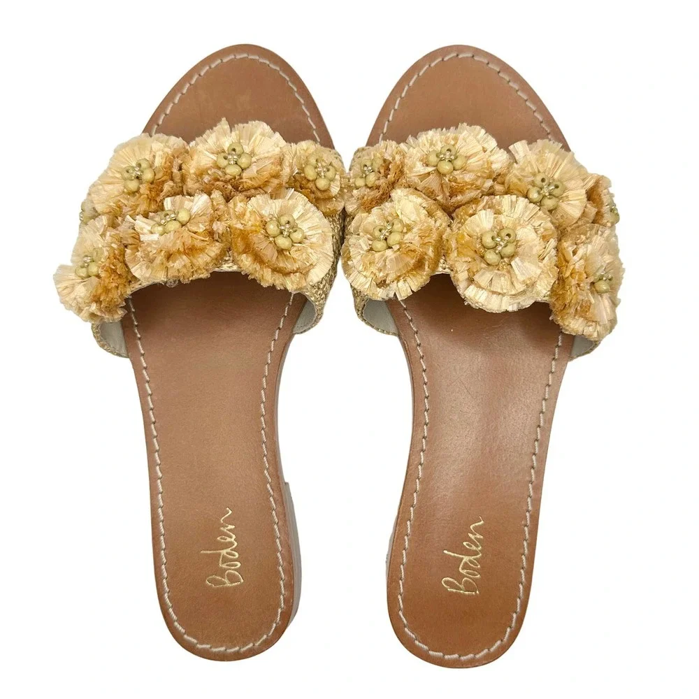Boden | Women | Elsbeth Tan Leather Raffia Floral Slides Sandals | 37 EU 6 US